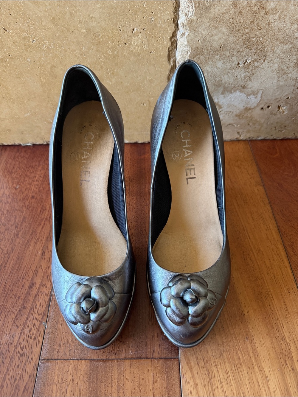 CHANEL Metallic Gray Camellia Leather Platform Pumps